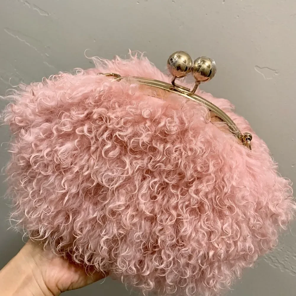 Handmade Genuine Curly Shearling Kisslock Wristlet/Shoulder Bag/Crossbody